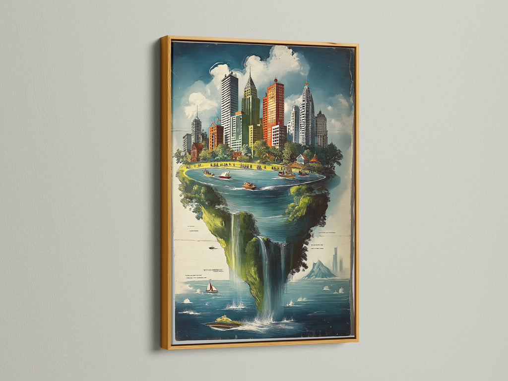 A cityscape island artwork presented in a luxurious gold frame. The whimsical floating metropolis art print exudes elegance. The gold frame enhances the artwork's rich details. It makes it a standout piece for any room. It is perfect for adding a touch of glamour. This art print is a unique and eye-catching choice.