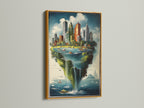 A cityscape island artwork presented in a luxurious gold frame. The whimsical floating metropolis art print exudes elegance. The gold frame enhances the artwork's rich details. It makes it a standout piece for any room. It is perfect for adding a touch of glamour. This art print is a unique and eye-catching choice.
