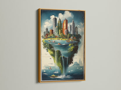 A cityscape island artwork presented in a luxurious gold frame. The whimsical floating metropolis art print exudes elegance. The gold frame enhances the artwork's rich details. It makes it a standout piece for any room. It is perfect for adding a touch of glamour. This art print is a unique and eye-catching choice.