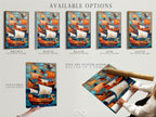 Available options for nautical artwork. Choose from stretched canvas prints fine art poster paper or floating frames. The artwork features vintage ships in teal and orange. Ideal for coastal modern or eclectic decor. Select your perfect piece.