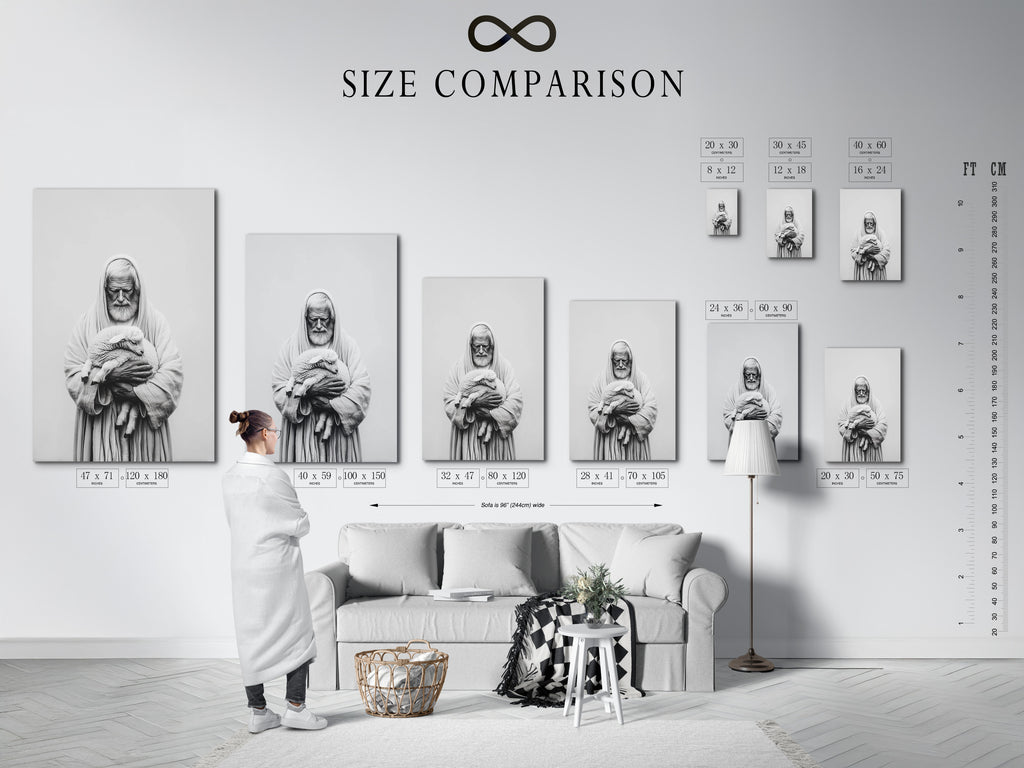 A size comparison chart is displayed in an interior setting. The chart shows various sizes of art prints. It helps visualize how the artwork will look in a room. The interior setting gives context to the sizes. Choose the perfect size for your space.