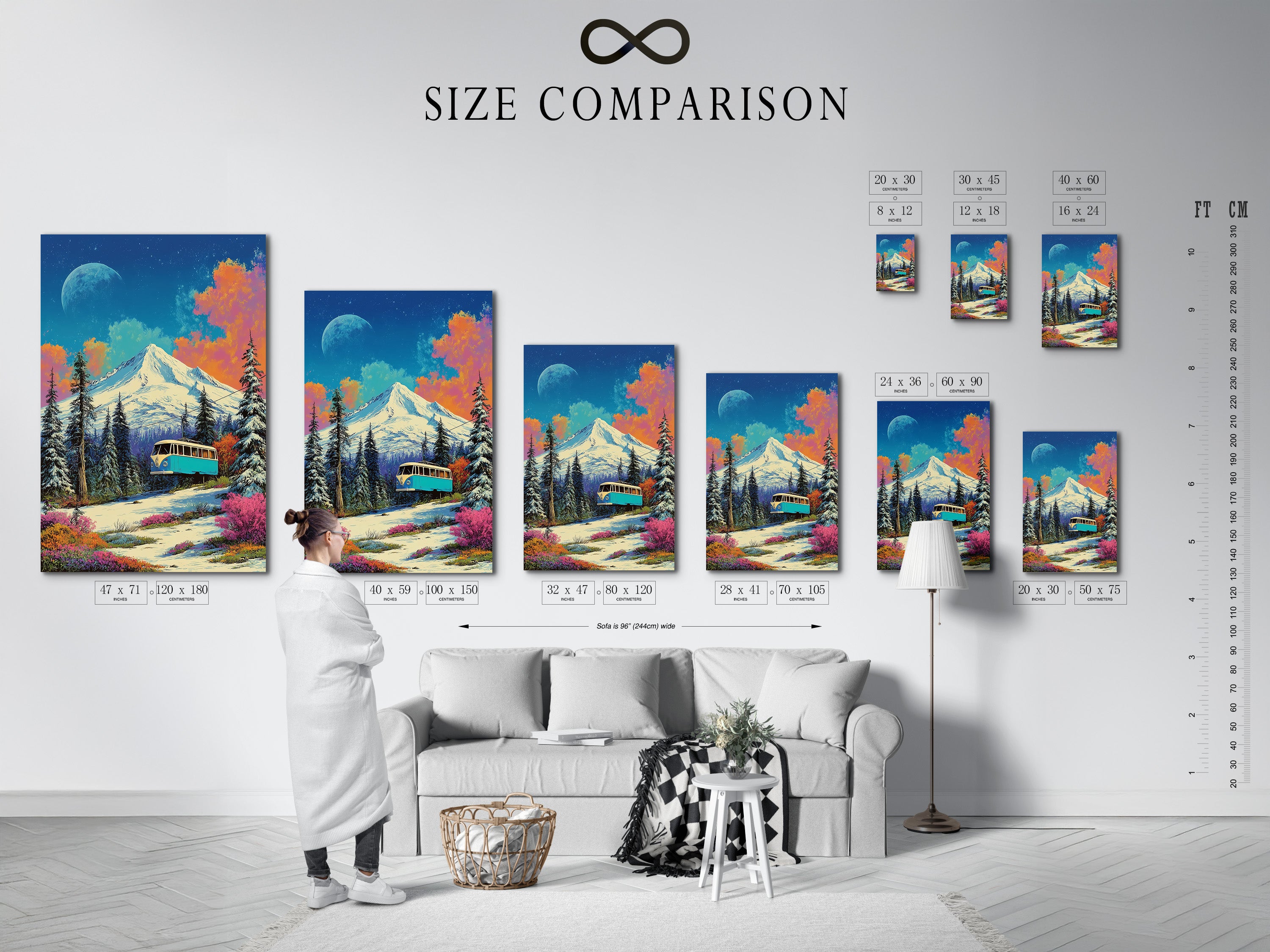 A size comparison chart in an interior setting. It shows various dimensions for a vintage bus mountain artwork. Visualize the perfect fit for your retro travel artwork in your living space now.