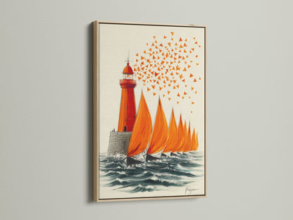 Coastal seascape artwork featuring a lighthouse and sailboats in an oak frame. This nautical canvas adds a touch of elegance to any space. Perfect for living rooms bedrooms and offices. Enhance your decor with this ocean-themed artwork.