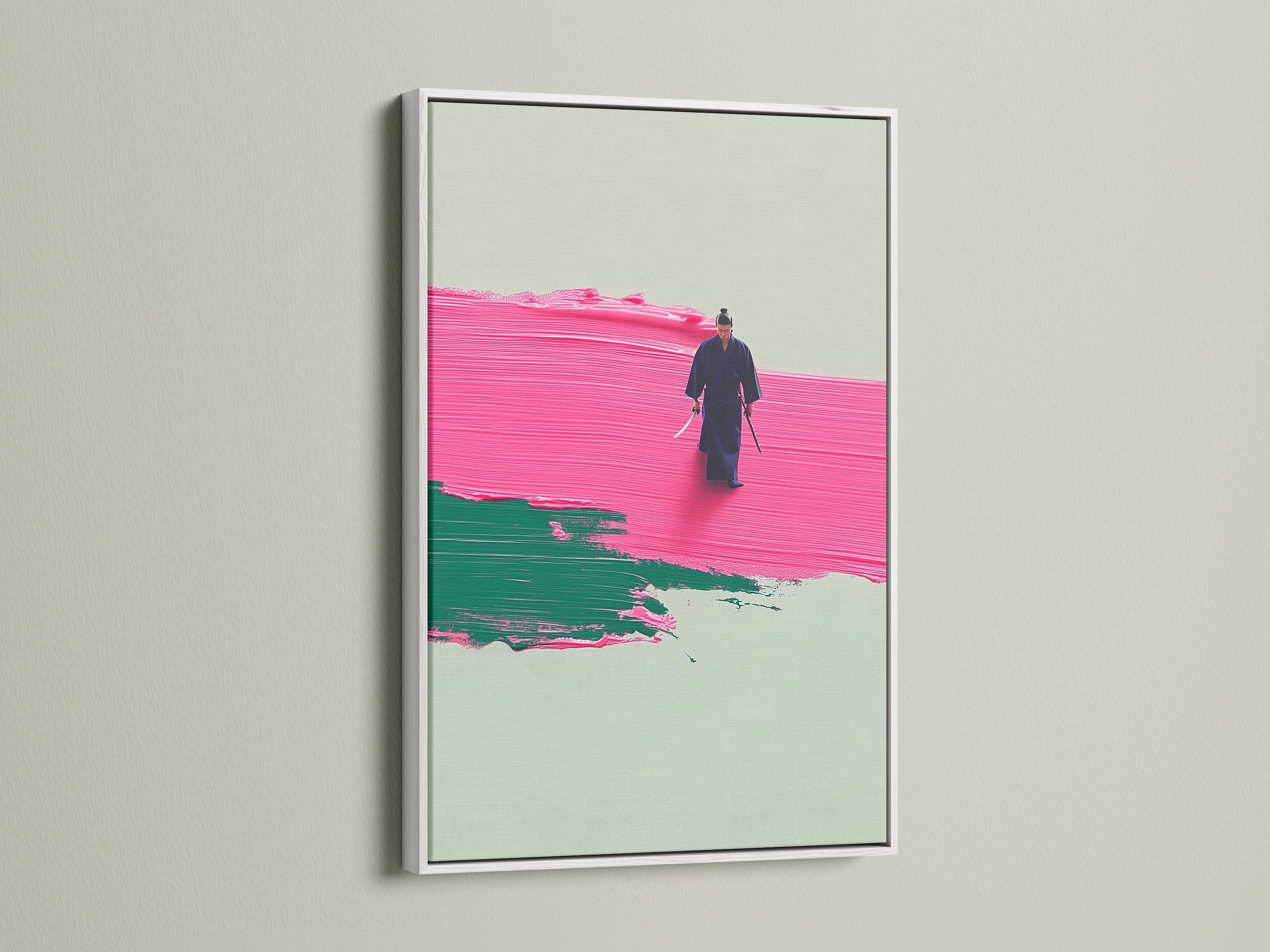 The Abstract Pink Samurai Canvas Artwork is presented in a white frame. A clean white frame offers a fresh modern look. It is ideal for minimalist and contemporary decor. This Japanese art print will brighten any living room or office space.