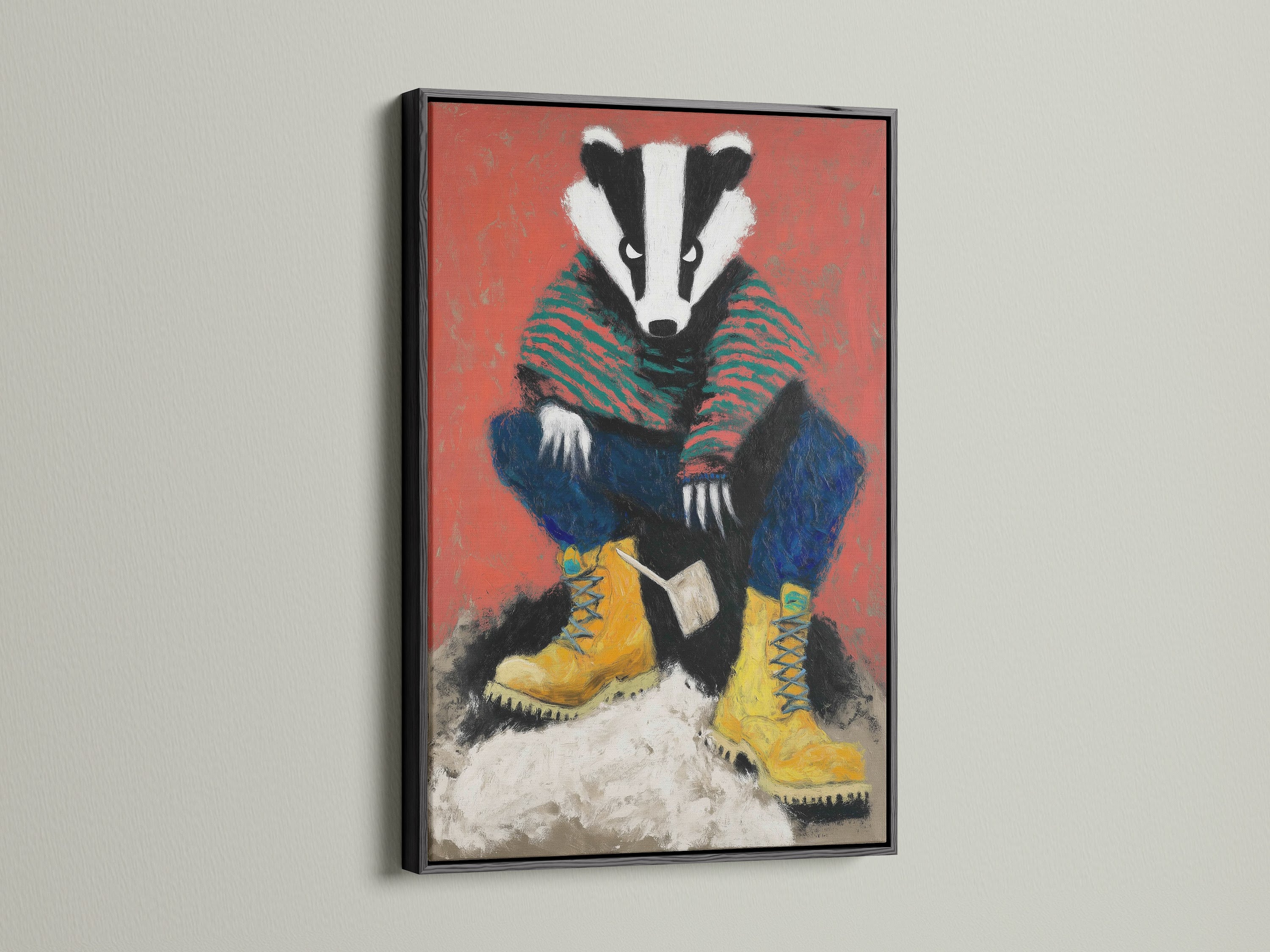 The badger artwork print is striking in a black frame. The dark frame adds a modern touch to the folk-style woodland creature canvas. This quirky wall art stands out in any kids room. It is a great choice for those seeking unique decor and forest animal art.