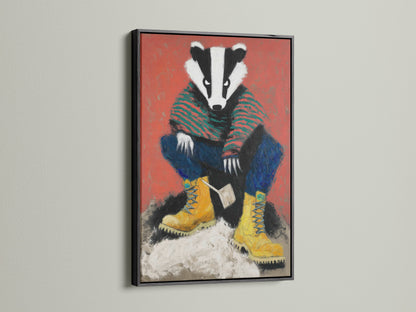 The badger artwork print is striking in a black frame. The dark frame adds a modern touch to the folk-style woodland creature canvas. This quirky wall art stands out in any kids room. It is a great choice for those seeking unique decor and forest animal art.