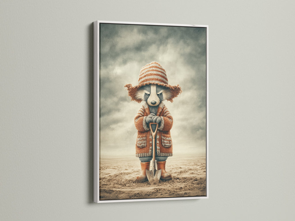 The whimsical raccoon artwork print is beautifully presented in a white frame. This animal art print enhances any space. Perfect for a woodland nursery or kids room. Add a cute animal print to your children's wall art. Create a cozy nursery art atmosphere.