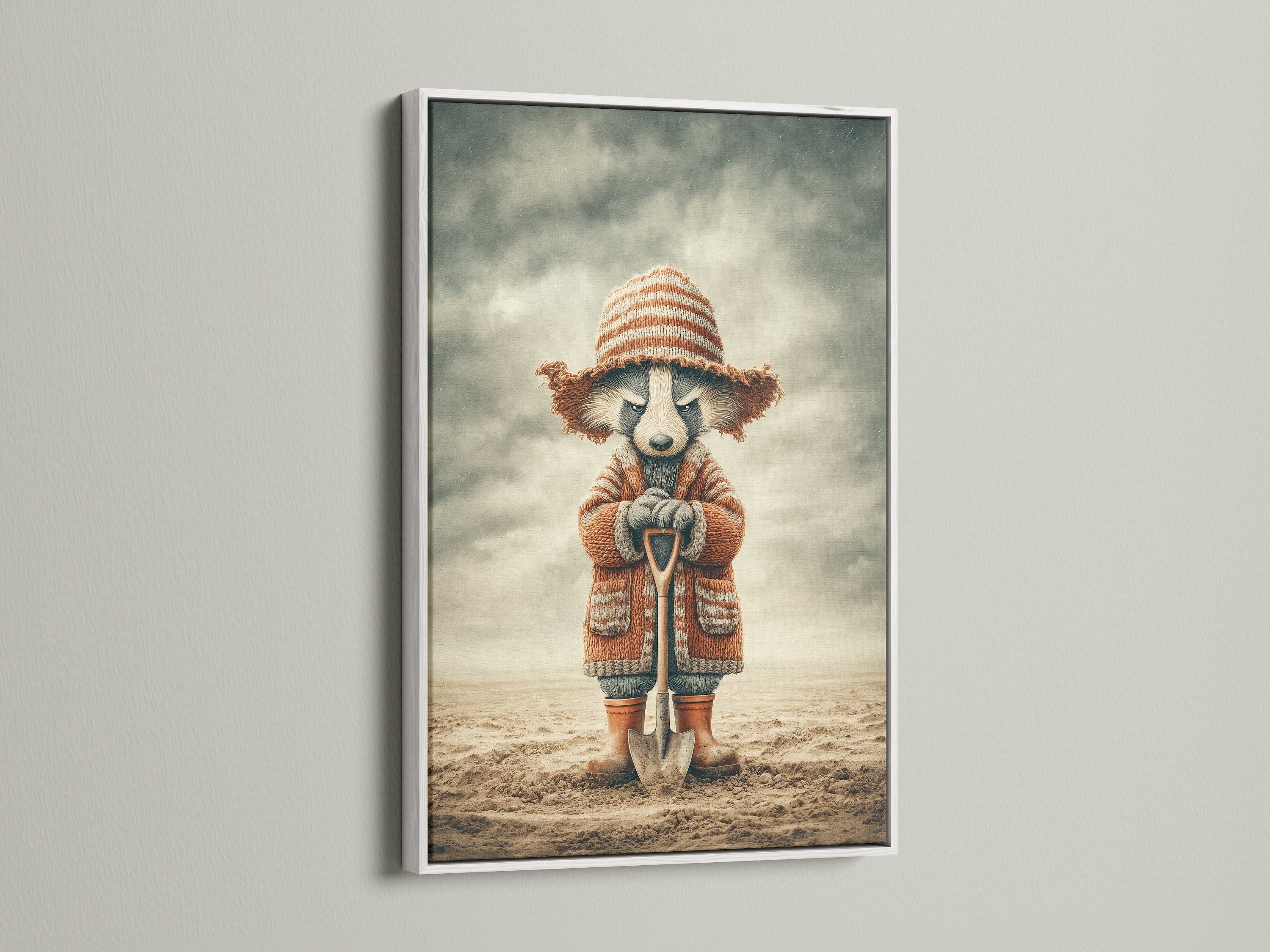 The whimsical raccoon artwork print is beautifully presented in a white frame. This animal art print enhances any space. Perfect for a woodland nursery or kids room. Add a cute animal print to your children's wall art. Create a cozy nursery art atmosphere.