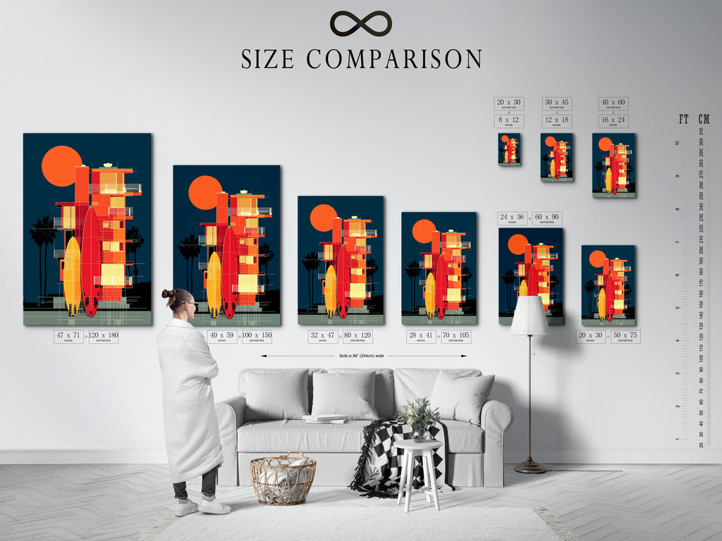 A size comparison chart is displayed in an interior setting. Various sizes of surfboard artwork prints are shown. The coastal architecture poster fits different spaces. This retro beach house wall art enhances home decor. Find the perfect size for your walls.