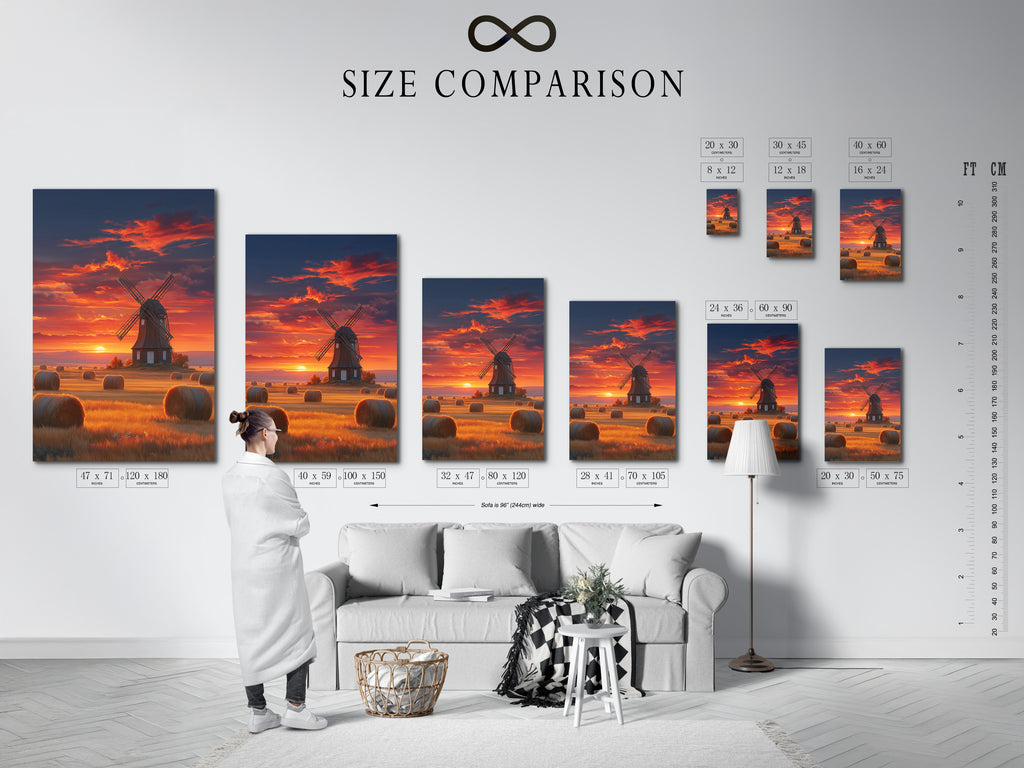Size comparison chart displayed in an interior setting. It helps visualize how the windmill sunset artwork fits in various spaces. This ensures the perfect fit for your wall decor needs.