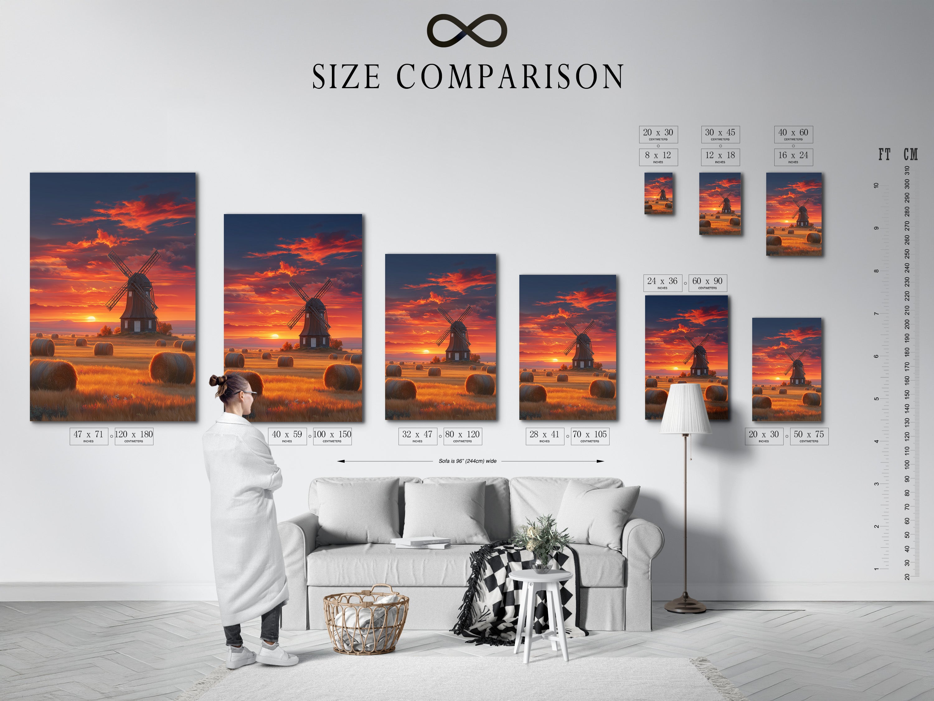 Size comparison chart displayed in an interior setting. It helps visualize how the windmill sunset artwork fits in various spaces. This ensures the perfect fit for your wall decor needs.