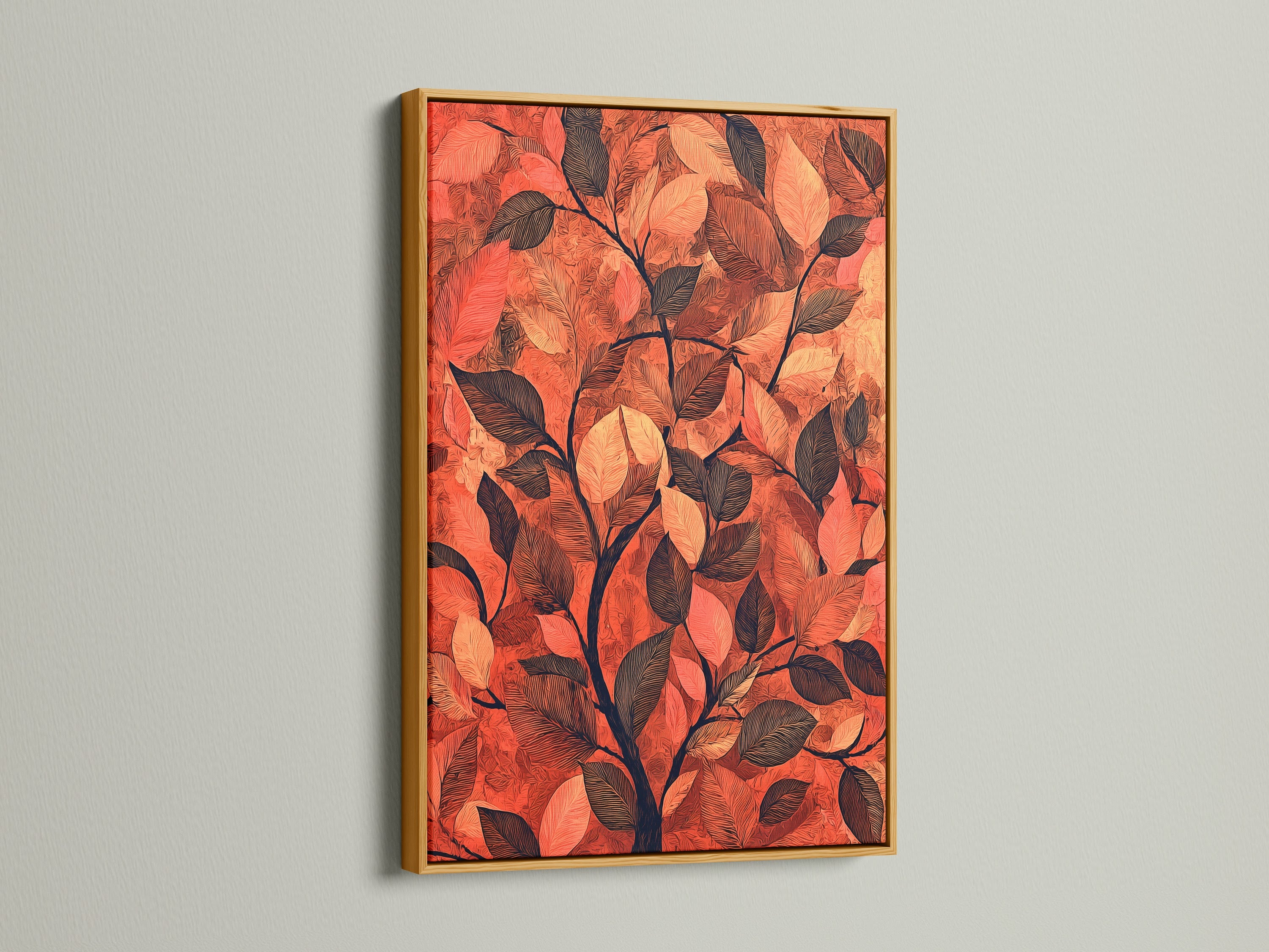 See botanical leaf art in a gold frame. The gold frame enhances the terracotta decor. The artwork features autumn leaves. It brings a touch of luxury to your study room. The foliage print shines with the golden accent. The gold frame elevates the nature-inspired artwork.