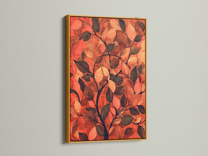 See botanical leaf art in a gold frame. The gold frame enhances the terracotta decor. The artwork features autumn leaves. It brings a touch of luxury to your study room. The foliage print shines with the golden accent. The gold frame elevates the nature-inspired artwork.