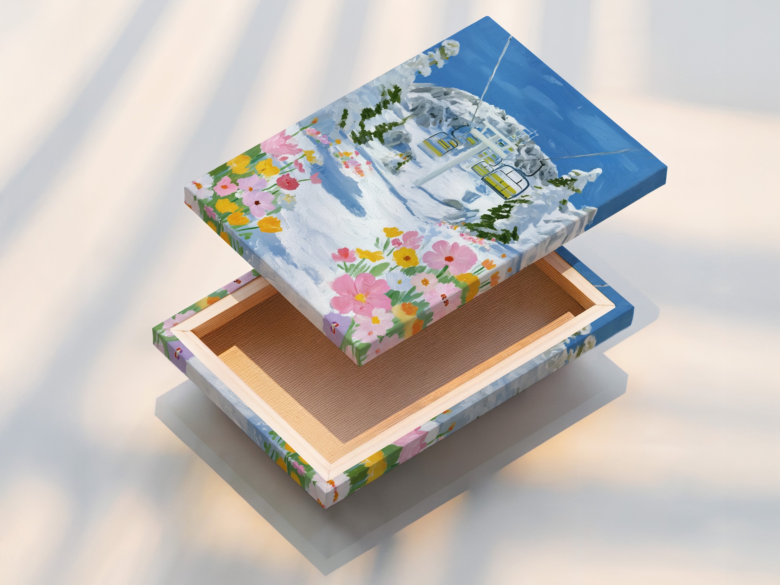 This stretched canvas print showcases the Ski Lift artwork. The winter mountain scene features wildflowers. Ready to hang this alpine print enhances any room. Consider for cabin wall artwork.