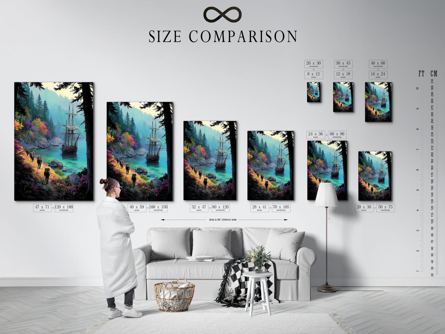 Size comparison chart in an interior setting. See how different sizes of sailing ship art fit your space. Coastal wall art options for every room. Find the perfect emerald green art for your home. Plan your study wall decor.