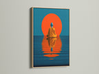 The teal and orange Buddha artwork is displayed in an oak frame. The artwork features a seated Buddha reflecting in water. The background has a large red sun. This spiritual decor enhances any room. It is ideal for creating a calming atmosphere in living rooms and yoga studios.