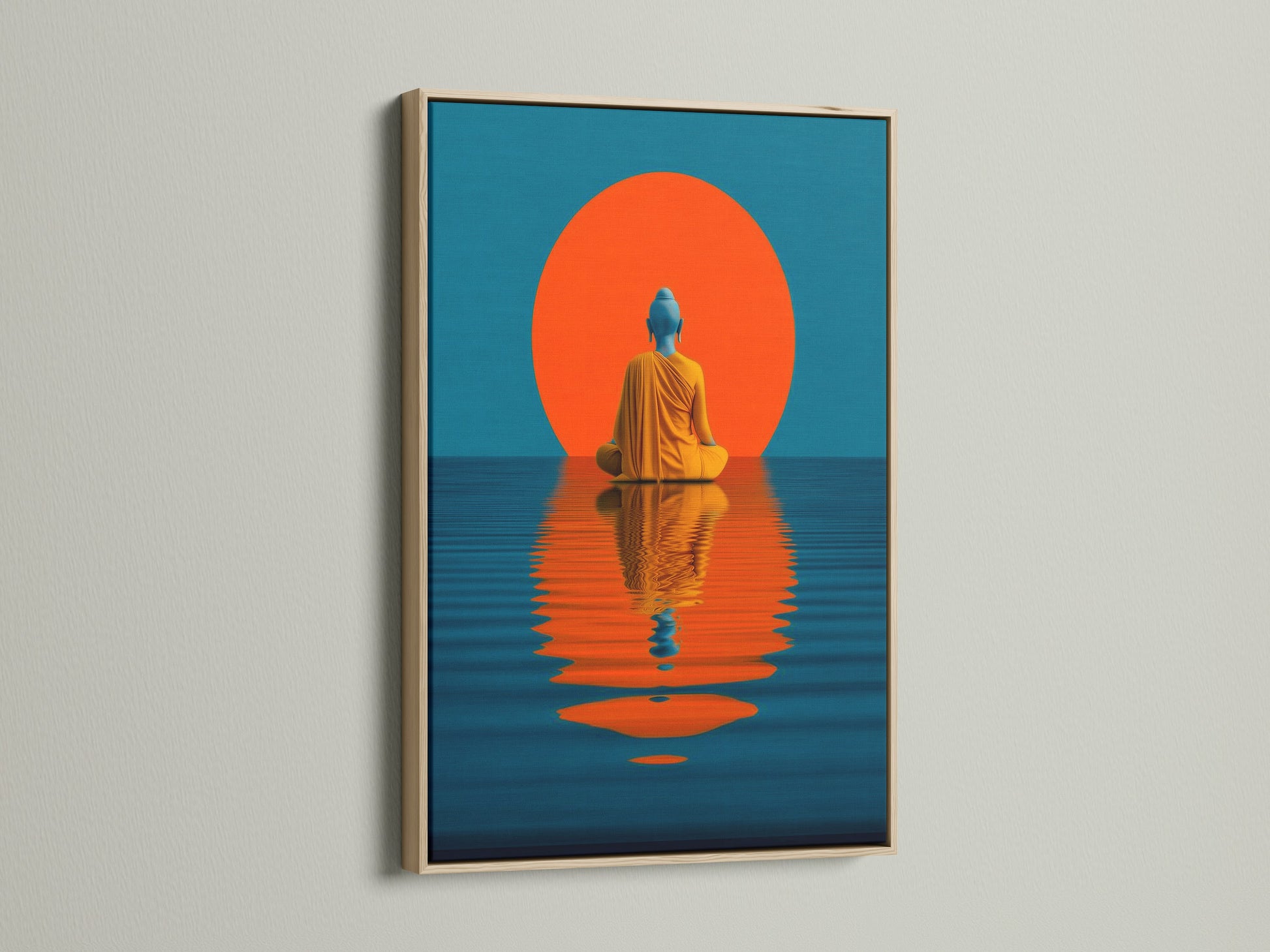 The teal and orange Buddha artwork is displayed in an oak frame. The artwork features a seated Buddha reflecting in water. The background has a large red sun. This spiritual decor enhances any room. It is ideal for creating a calming atmosphere in living rooms and yoga studios.
