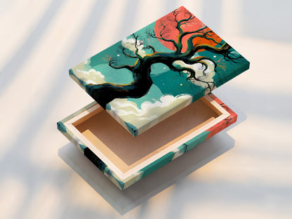 A stretched canvas print shows a winter tree artwork. Teal and coral sky colors create a fantasy landscape scene. Enhance your living space with this modern bedroom wall decor. Discover unique nature artwork.