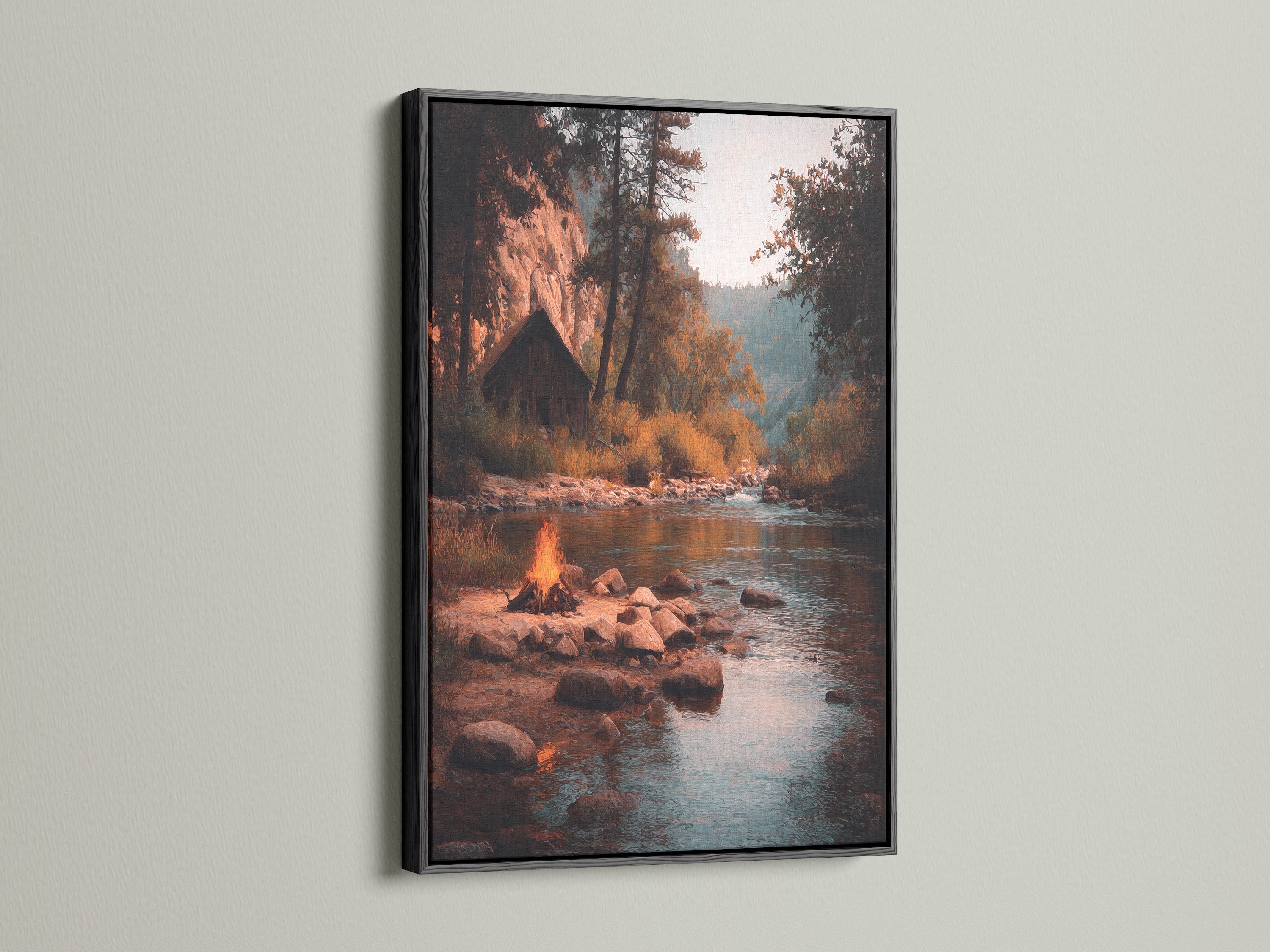 A striking black frame surrounds a landscape artwork. The artwork shows a beautiful river scene with trees. The black frame adds sophistication. This art piece creates a focal point in your space. It is ideal for a modern decor.