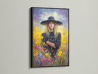This stunning artwork is presented in a sleek black frame. The art shows a woman and her cat among vibrant flowers. The black frame adds a touch of sophistication and drama. It makes the artwork stand out and draw attention.