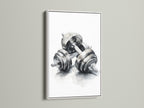 Artwork of dumbbells framed in a white frame. The white frame offers a clean modern look. This frame is perfect for minimalist art. It's a versatile choice to showcase artwork.
