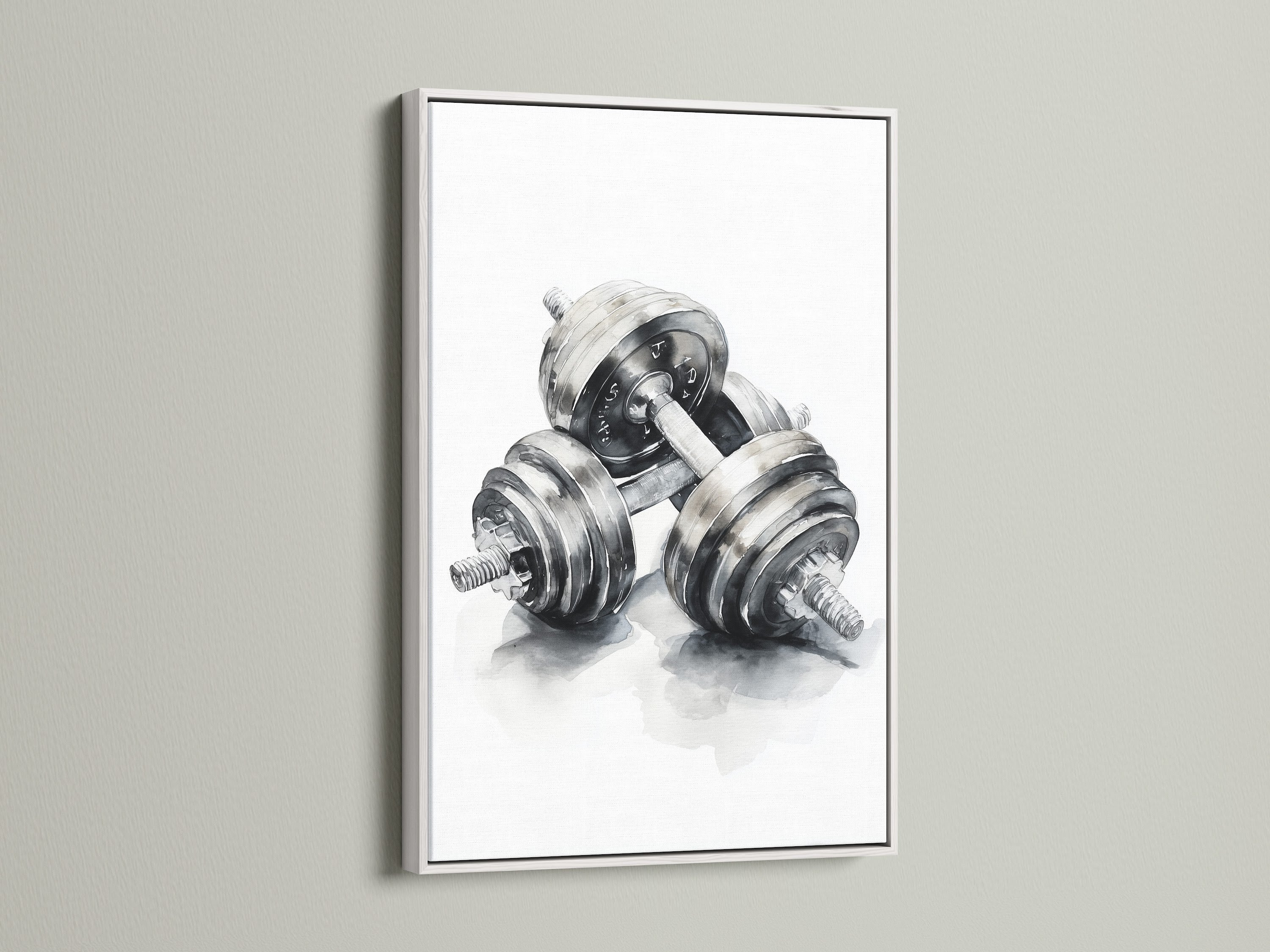 Artwork of dumbbells framed in a white frame. The white frame offers a clean modern look. This frame is perfect for minimalist art. It's a versatile choice to showcase artwork.