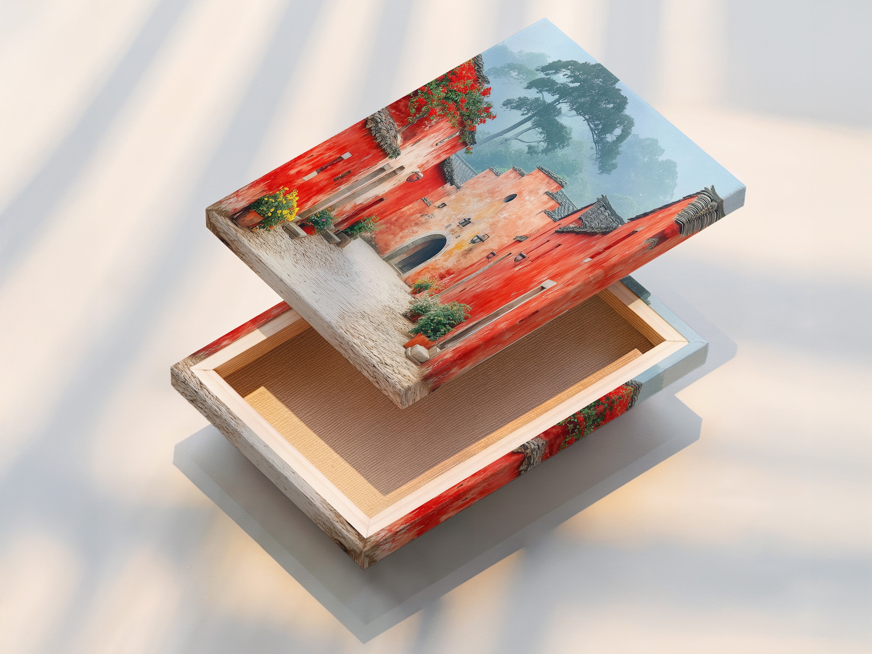 A stretched canvas print of the Village Street artwork.  The stretched canvas provides a gallery-ready look for this vintage style art.  Perfect for adding a rustic touch to your living room or entryway.  The texture enhances the artwork.