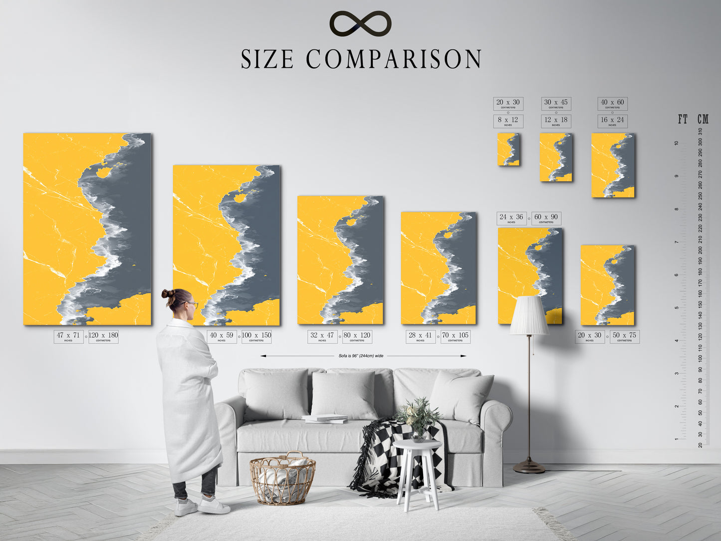 Size comparison chart displayed in an interior setting. Helping you visualize the perfect dimensions for your artwork. Choose the ideal size to complement your space. Featuring abstract coastline art and modern prints.