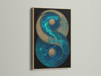 Close-up of yin yang art with a teal blue and gold design. The artwork is showcased in an oak frame. This spiritual wall art brings a zen element to any space. Perfect for creating a balance symbol in your meditation room. Ideal feng shui art for modern homes.