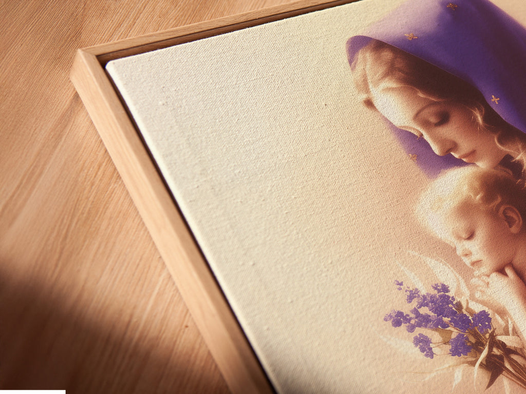 Close-up of a canvas print in a floating frame. The purple Madonna and Baby artwork enhances any space. Perfect for religious wall art or nursery decor. This spiritual piece evokes a sense of maternal love and faith.