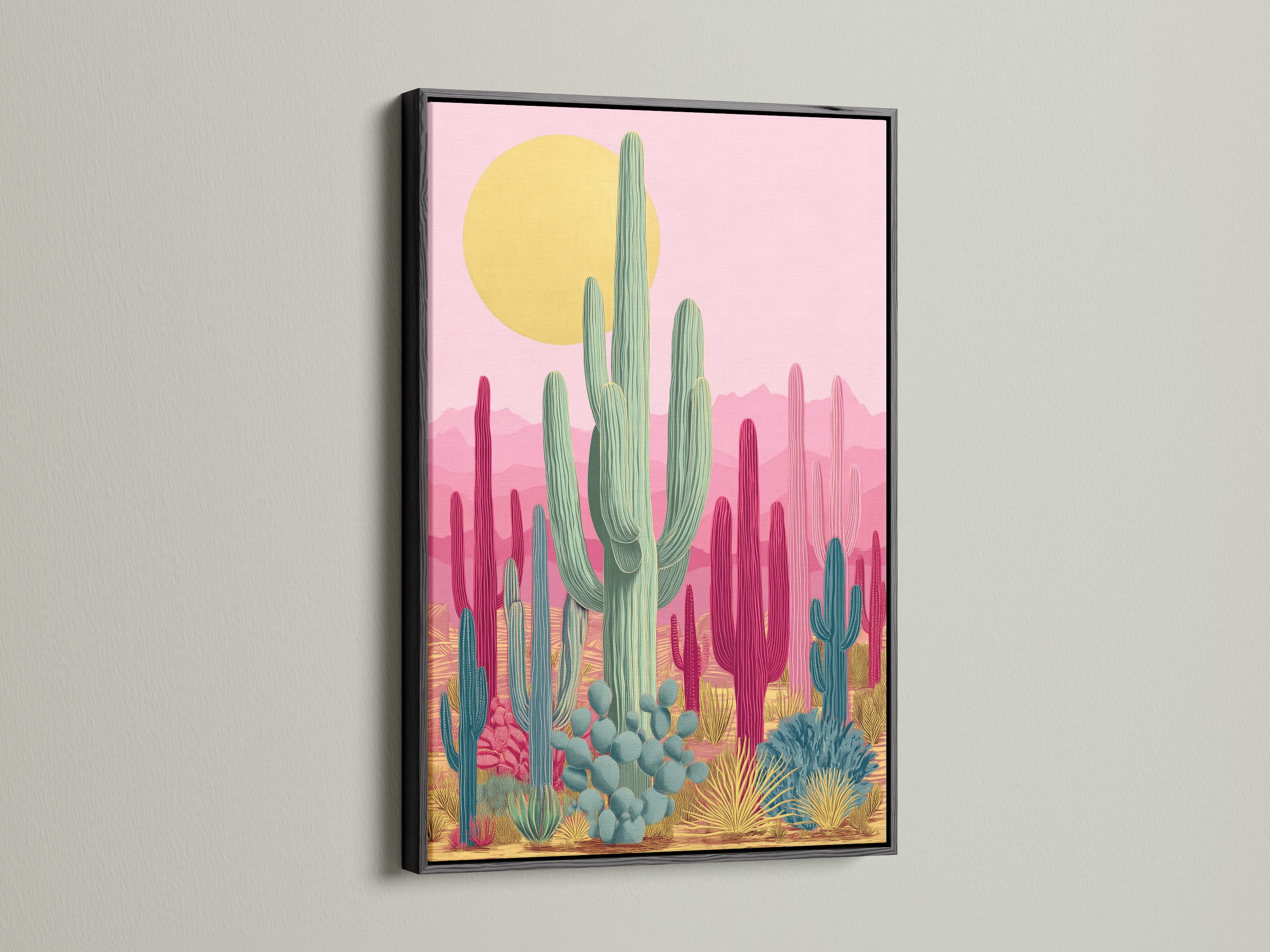 A black frame gives a modern look to this cactus artwork. The art features pink and teal botanical prints. A black frame adds contrast to the desert wall art. Suits modern minimalist or boho aesthetics. Great as office art.