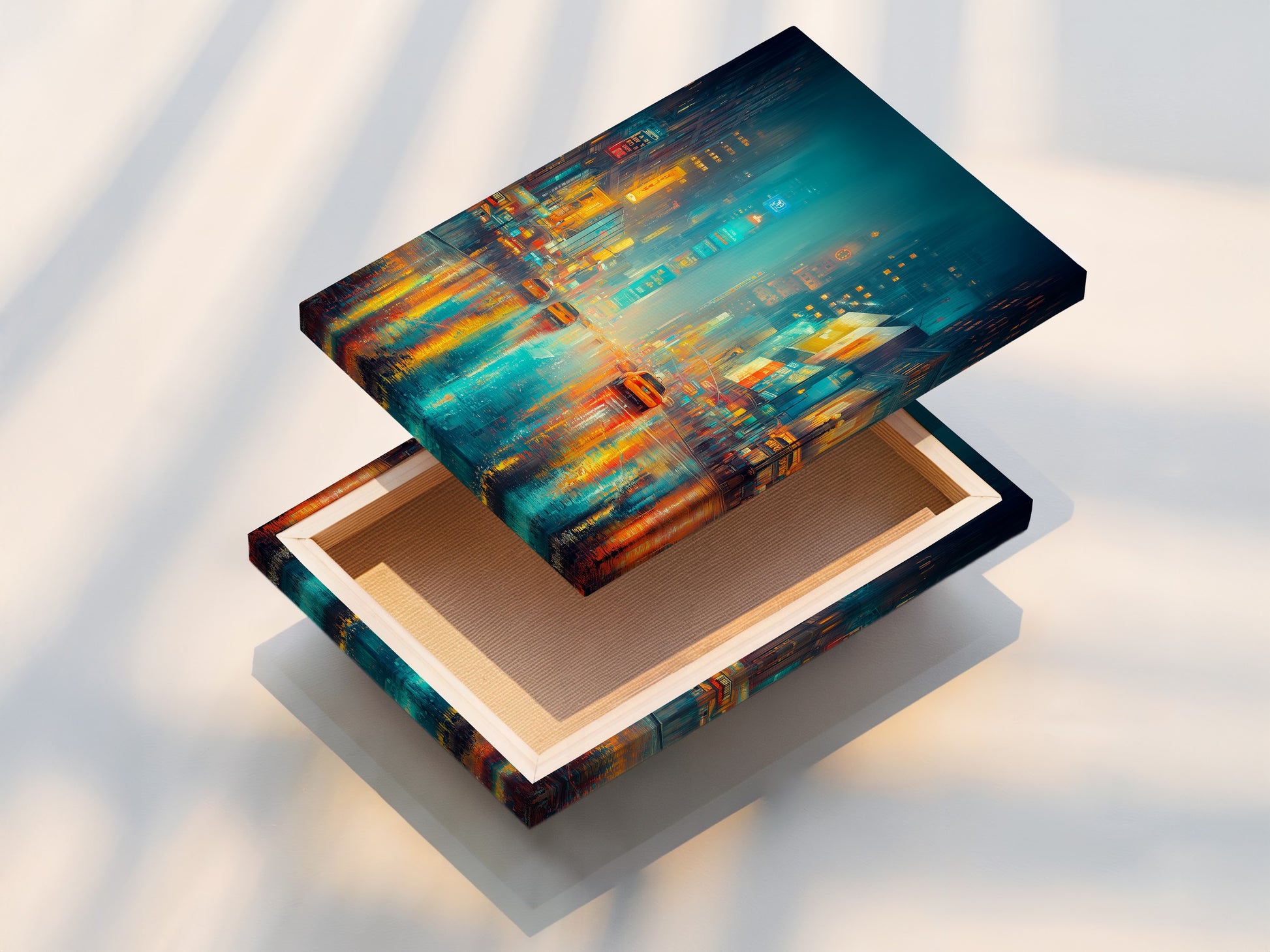 A stretched canvas print featuring cityscape art. The urban canvas shows a rainy night. Neon lights reflect on the wet streets. This modern decor is ready to hang. The artwork enhances any room's ambiance. Ideal for contemporary styles.