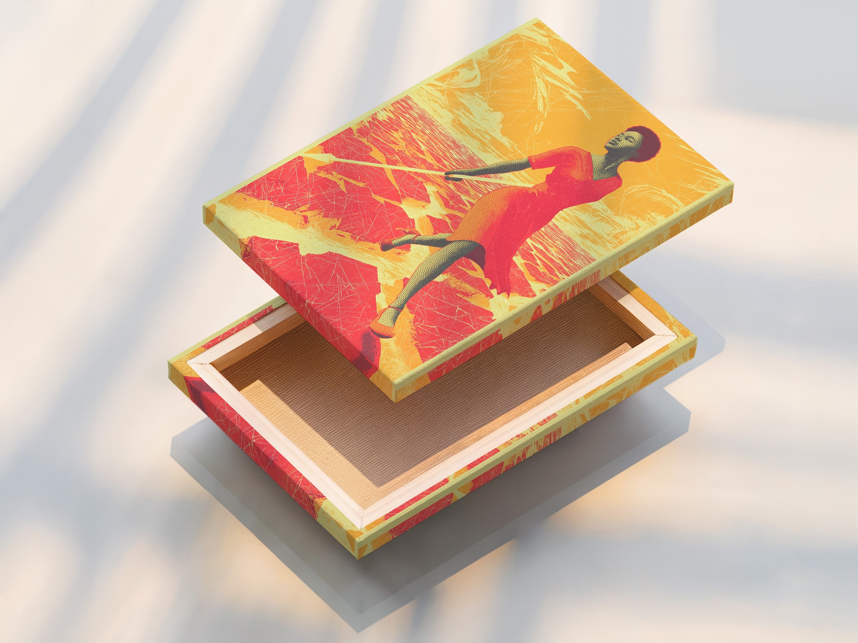 A stretched canvas print of the African Woman Art Print is shown. The desert sunset canvas artwork is ready to hang. This contemporary piece adds warmth and style to your living room. A perfect modern art choice.