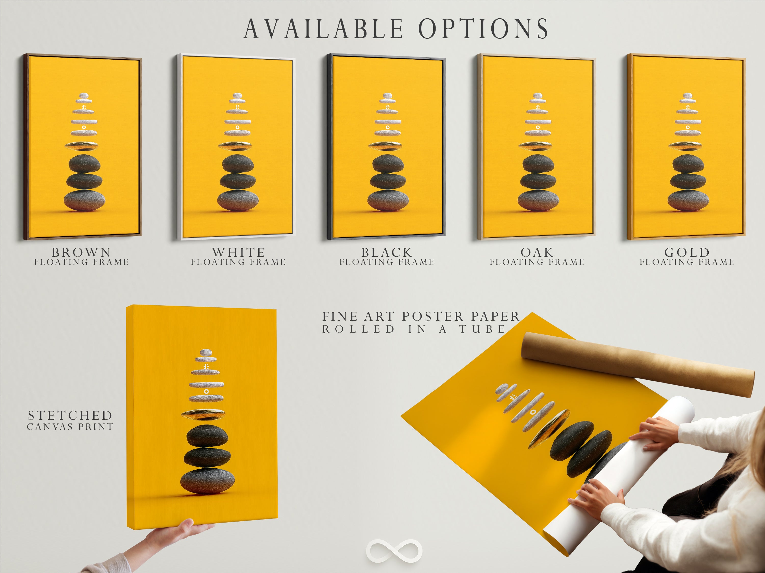 Available options for the Zen Stone Artwork. Choose from a stretched canvas print fine art poster paper or a floating frame. Customize your artwork to fit your style and space. Spiritual artwork.