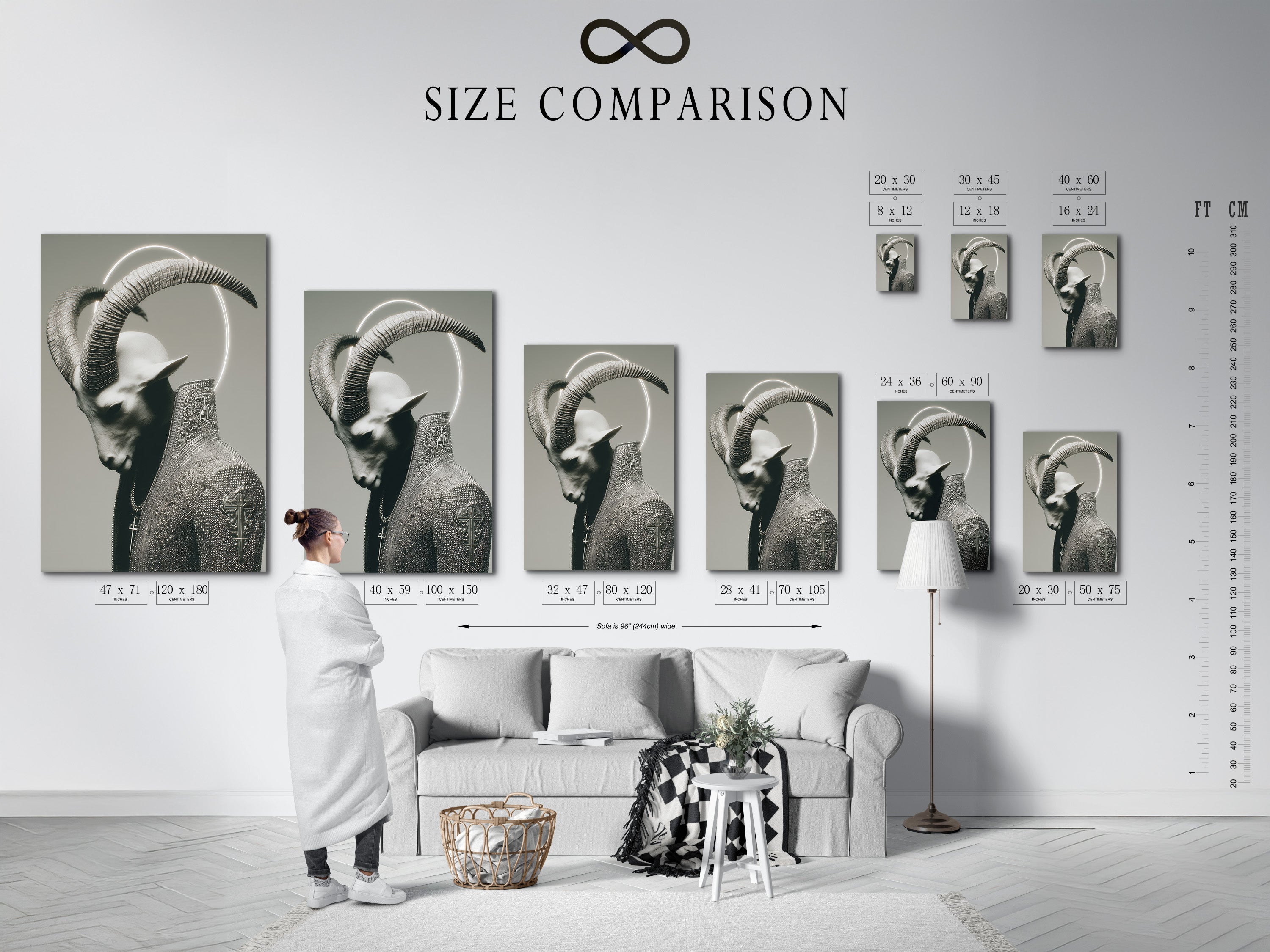 Size comparison chart in an interior setting. It showcases the various sizes available for the Gothic Horned Figure Art. This helps visualize how the dark surreal portrait will fit in different spaces. Choose the perfect size for your alternative decor.