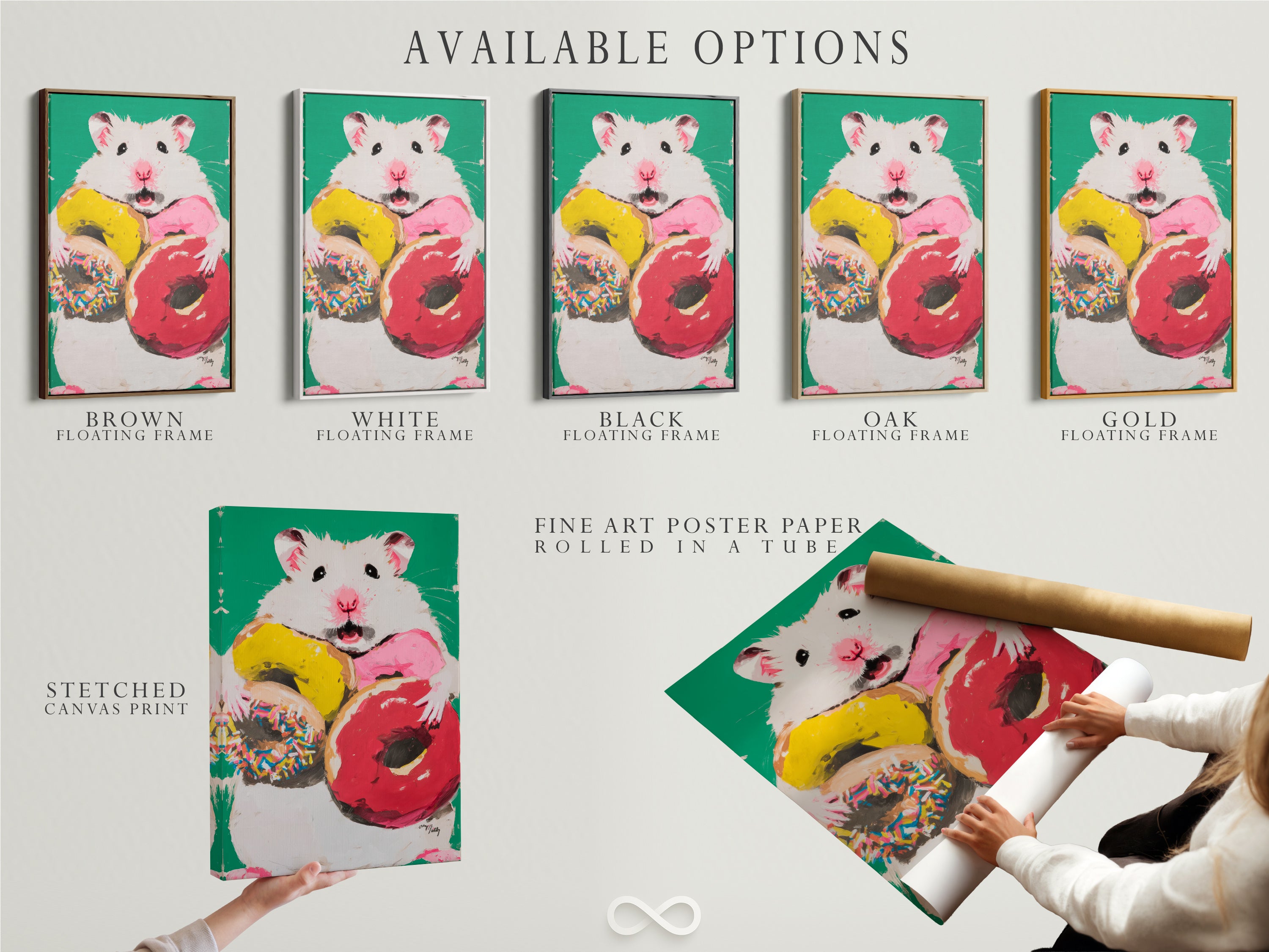 Available options for the hamster donut artwork are displayed. Choose from a stretched canvas print fine art poster paper or floating frame. It is perfect for kids room decor. This colorful canvas art is a fun addition.