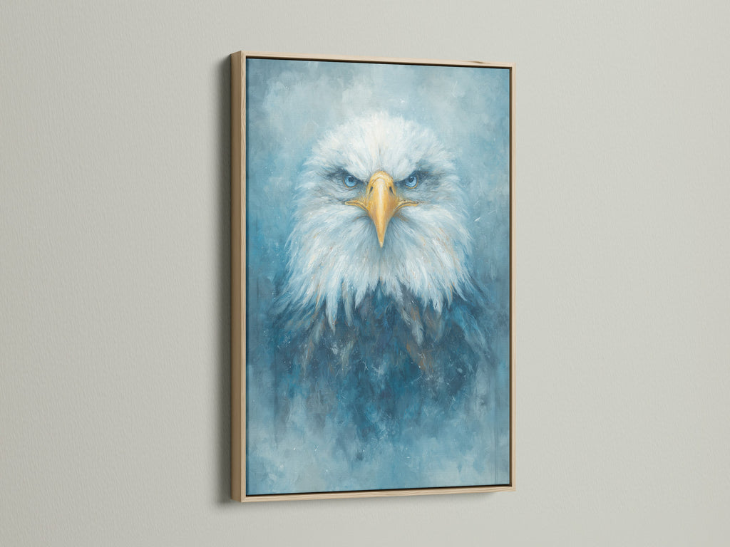 The striking eagle portrait is beautifully framed in oak. The artwork captures a majestic bird with intense blue eyes. It's a stunning piece of wildlife art. Ideal for adding a touch of nature and sophistication to your living room or office space.