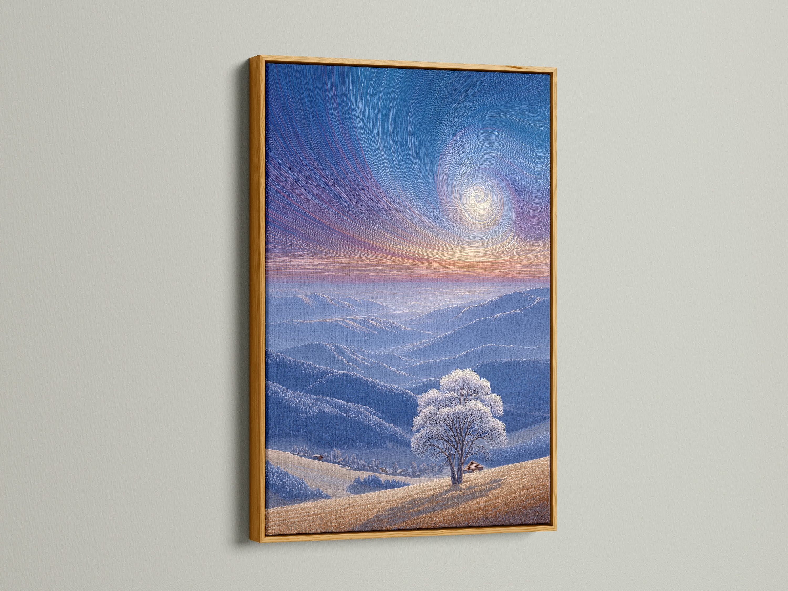 A gold frame accentuates a stunning winter landscape art print. The gold frame brings a touch of luxury to your walls. This frame enhances the artwork's richness and detail. Perfect for traditional decor.