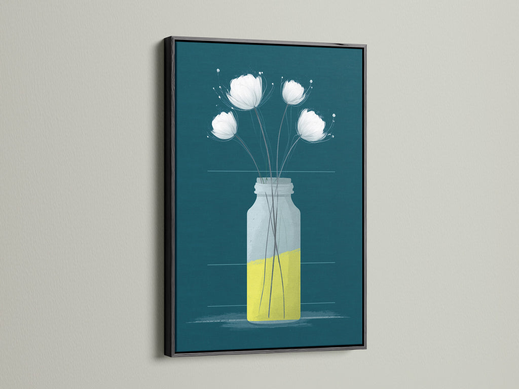 A black frame surrounds a beautiful canvas print. The teal and yellow floral artwork stands out. This minimalist botanical art is perfect for bedroom decor. Add modern art to your living space with this flower artwork.