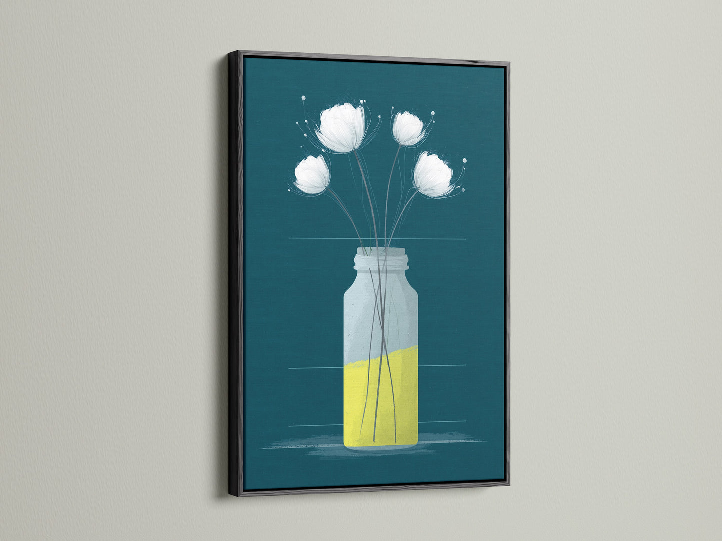 A black frame surrounds a beautiful canvas print. The teal and yellow floral artwork stands out. This minimalist botanical art is perfect for bedroom decor. Add modern art to your living space with this flower artwork.