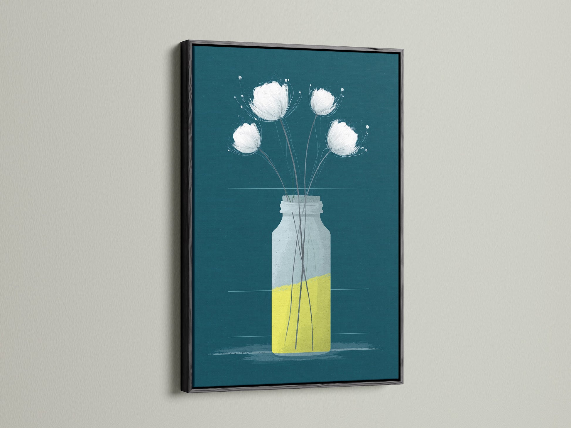A black frame surrounds a beautiful canvas print. The teal and yellow floral artwork stands out. This minimalist botanical art is perfect for bedroom decor. Add modern art to your living space with this flower artwork.