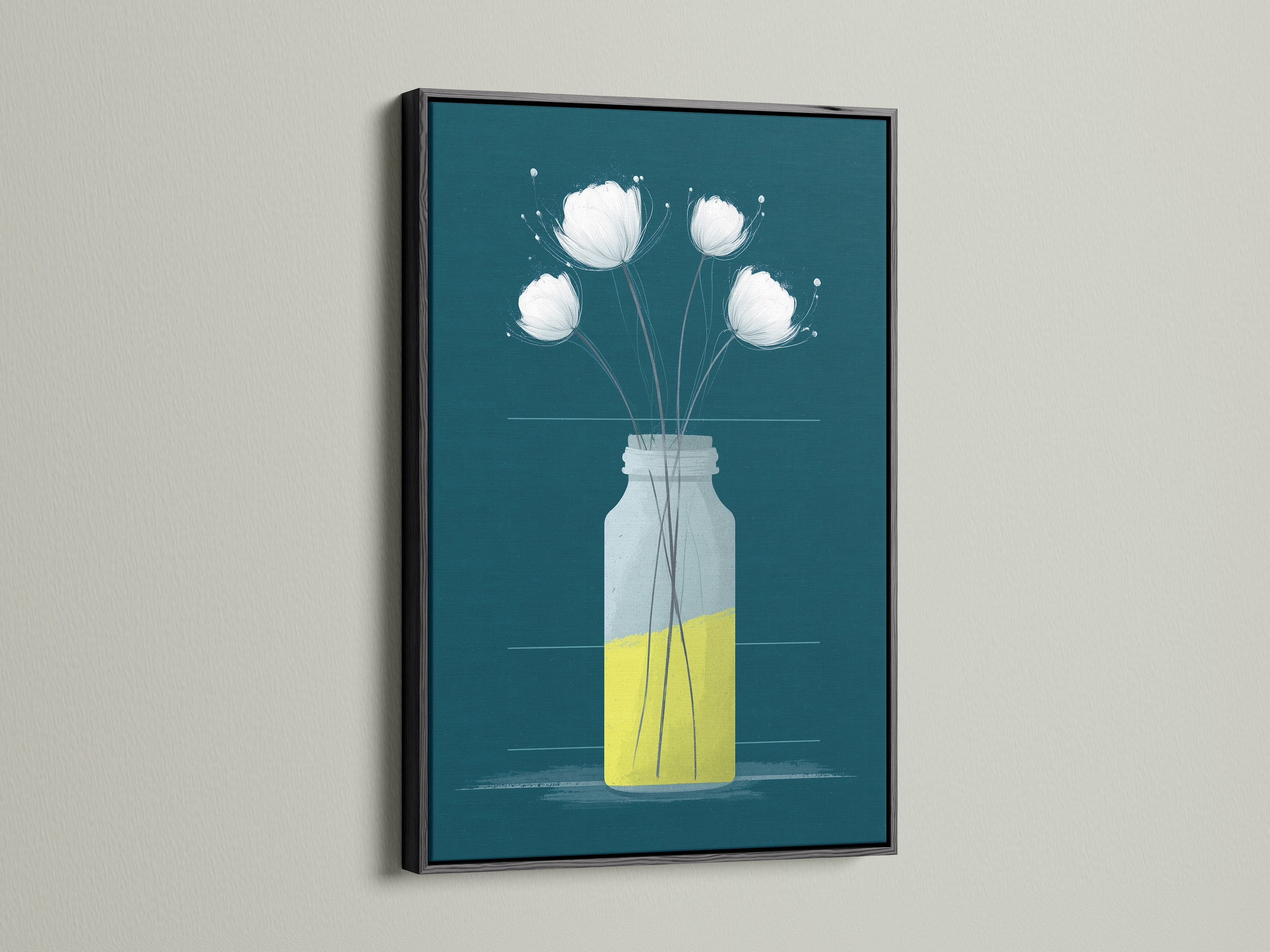 A black frame surrounds a beautiful canvas print. The teal and yellow floral artwork stands out. This minimalist botanical art is perfect for bedroom decor. Add modern art to your living space with this flower artwork.