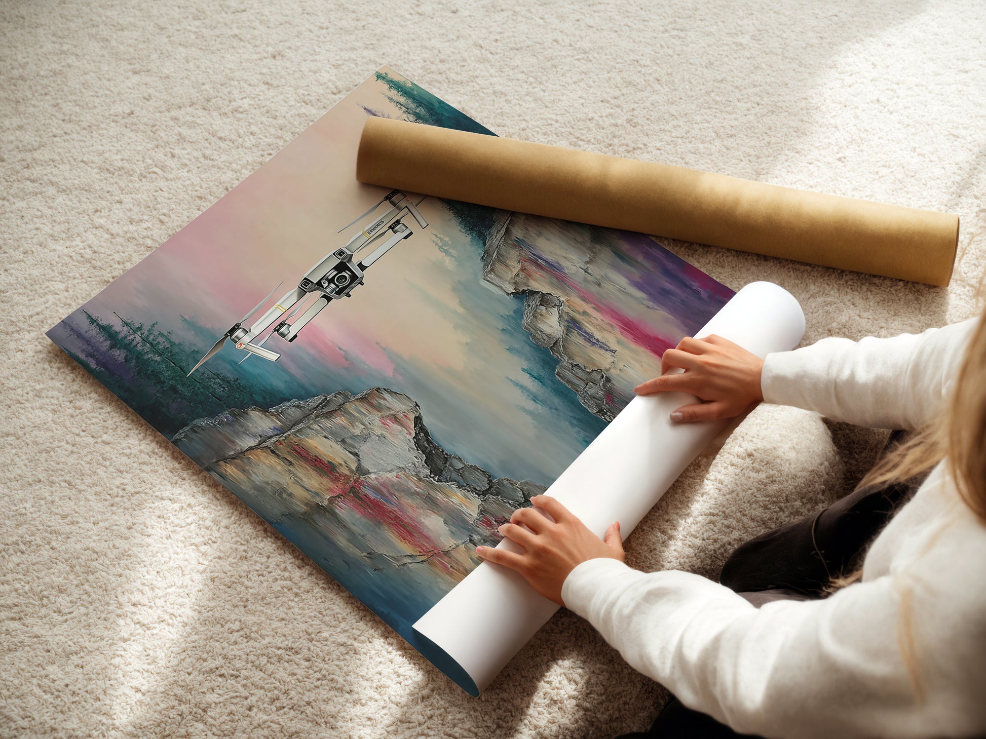 A woman is carefully rolling a fine art poster paper print. The print showcases drone flight photography over a mountain cliff. High-quality materials ensure the artwork's longevity. Perfect for those seeking refined modern artwork. The fine art poster captures stunning aerial views.