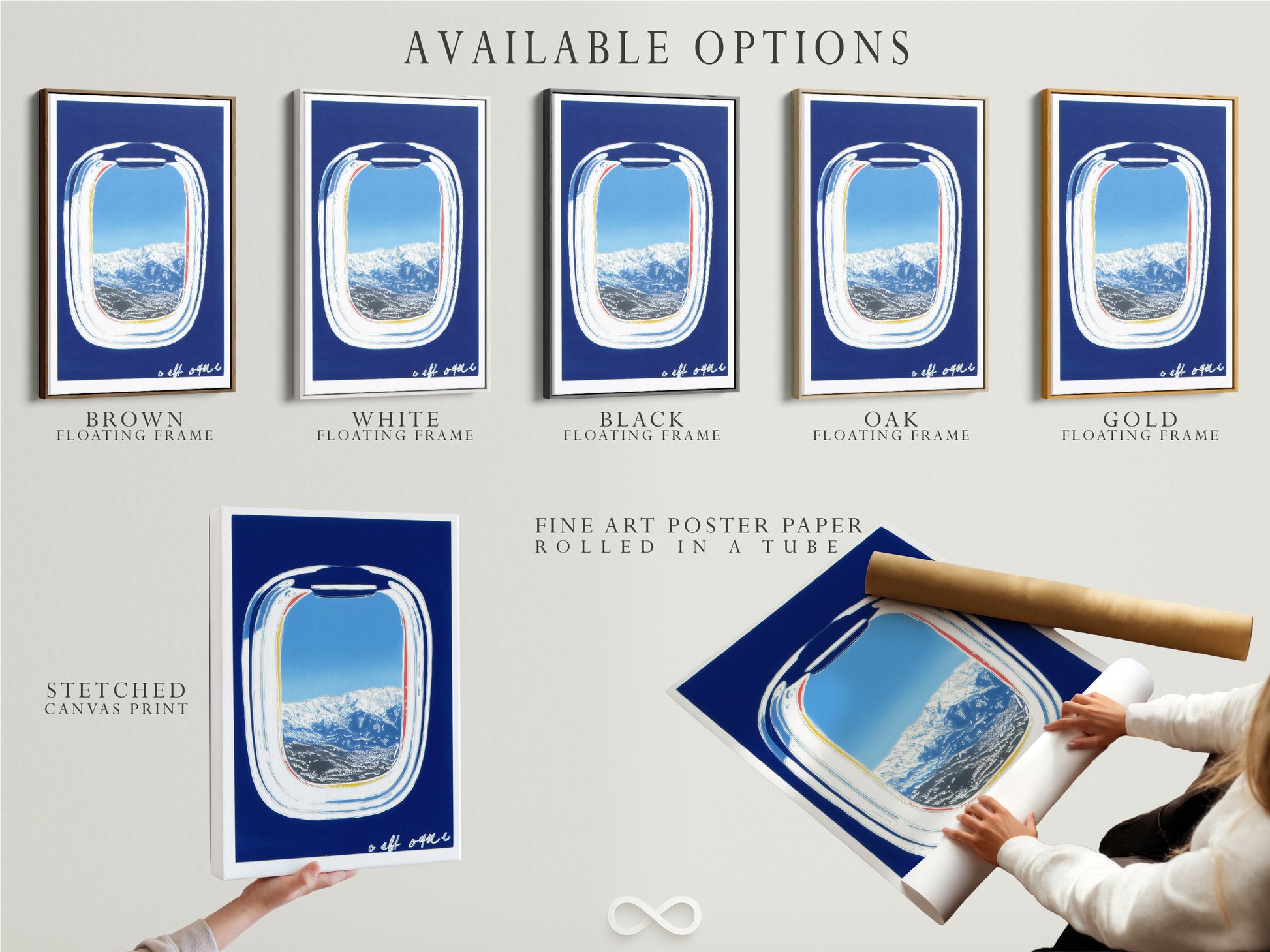 Available options include a stretched canvas print fine art poster paper and floating frame. Artwork features an airplane window view with mountains and a blue sky. Choose the perfect format for your modern travel art.