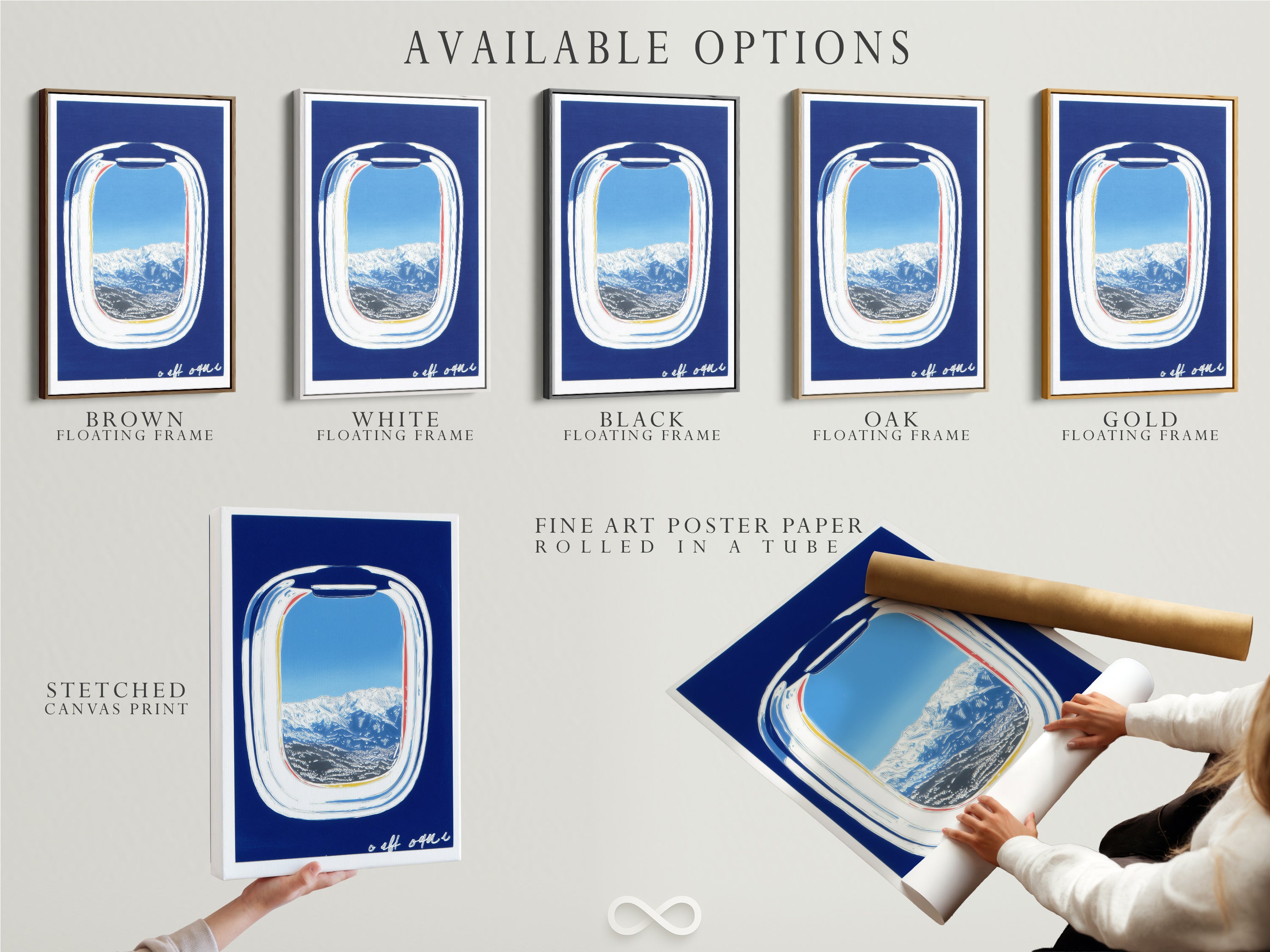 Available options include a stretched canvas print fine art poster paper and floating frame. Artwork features an airplane window view with mountains and a blue sky. Choose the perfect format for your modern travel art.