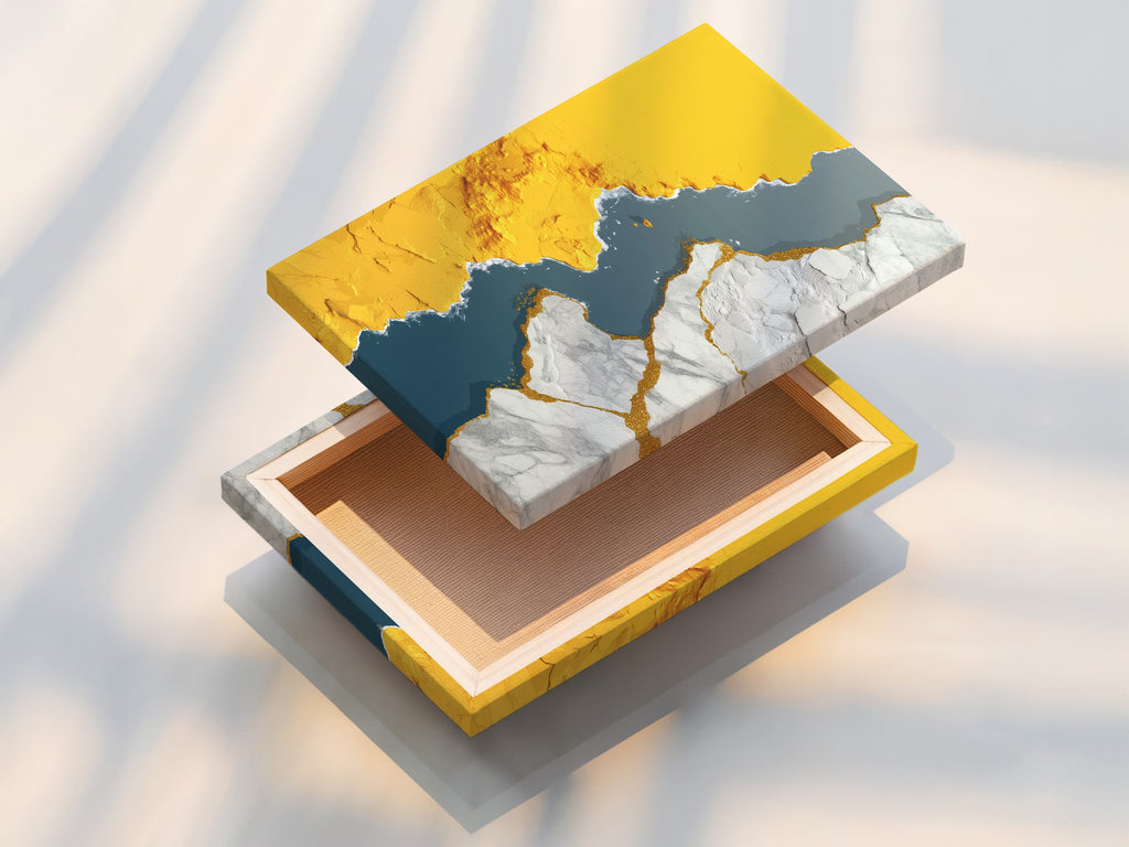 This is a stretched canvas print featuring abstract gold river artwork. The modern teal wall art is ready to hang. It's a contemporary piece for any office or home. Enjoy the texture and depth of this stretched canvas.