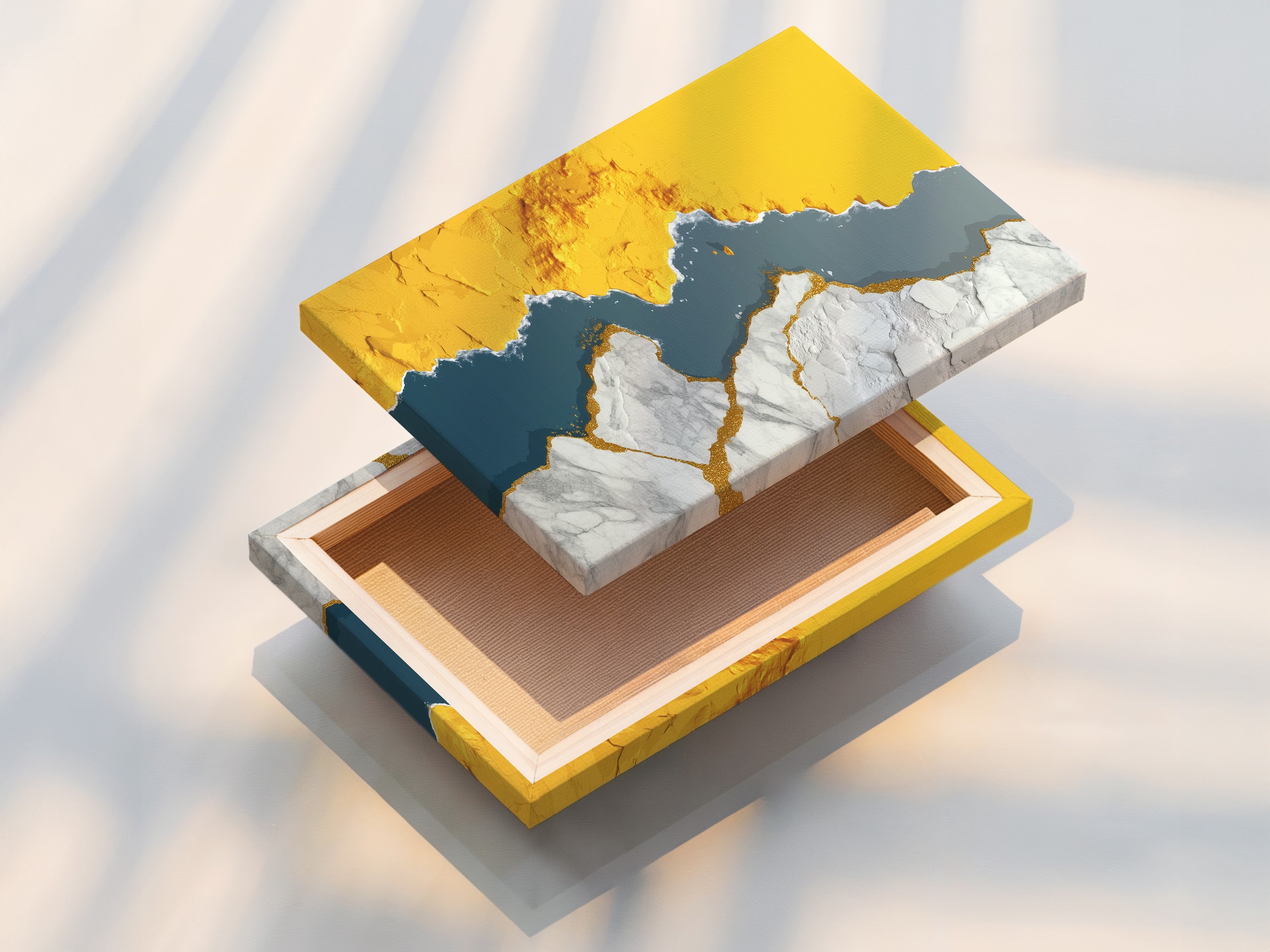 This is a stretched canvas print featuring abstract gold river artwork. The modern teal wall art is ready to hang. It's a contemporary piece for any office or home. Enjoy the texture and depth of this stretched canvas.