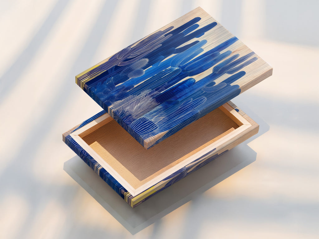 Stretched canvas print featuring a blue cactus design. Ready to hang artwork that enhances any space. Perfect for modern wall art and contemporary wall decor. A great choice for southwest wall art.