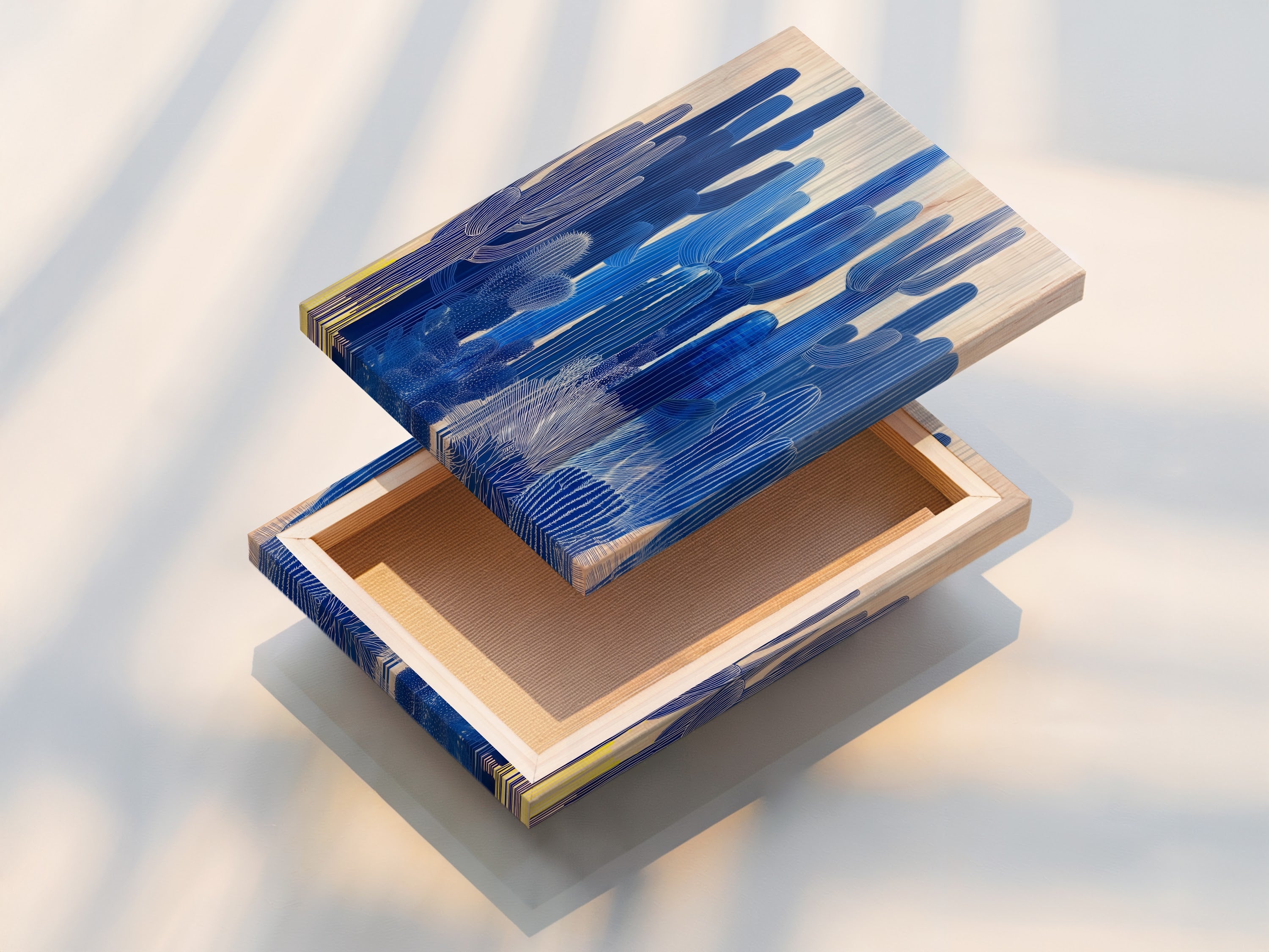 Stretched canvas print featuring a blue cactus design. Ready to hang artwork that enhances any space. Perfect for modern wall art and contemporary wall decor. A great choice for southwest wall art.