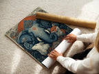 A woman is rolling a fine art poster paper. This spiritual artwork features sacred animals. This bohemian meditation room decor includes an Om symbol. Find spiritual home decor and zen wall art. This art print is great for living rooms bedrooms yoga studios lobbies clinics and meditation centers.